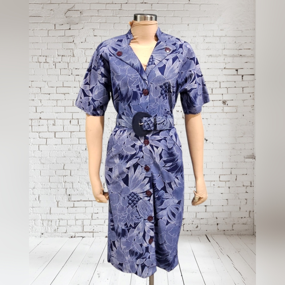 Vintage JM II New York Blue Tropical Button Down Belted Midi Sheath Dress S